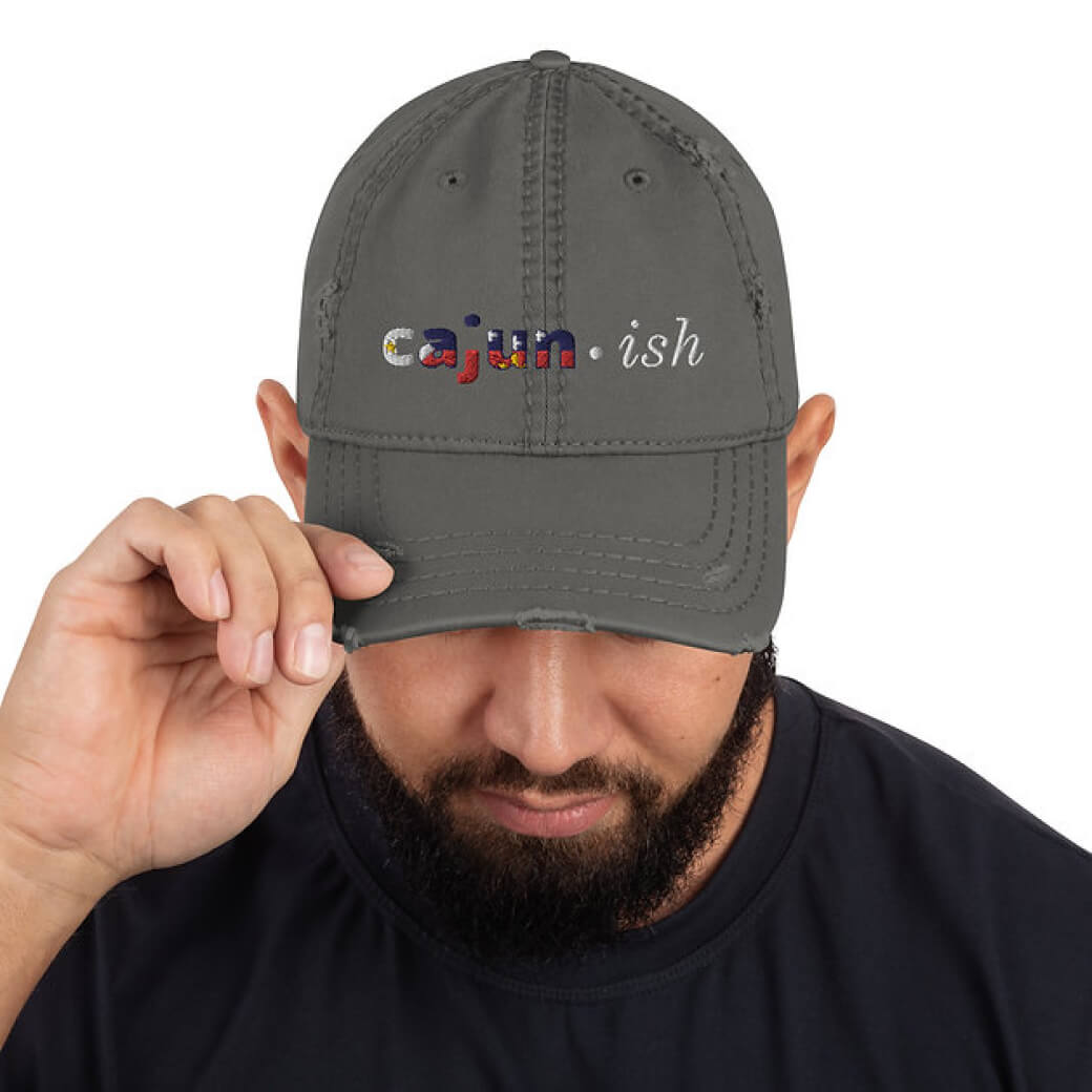 distressed dad hat with Cajun motif