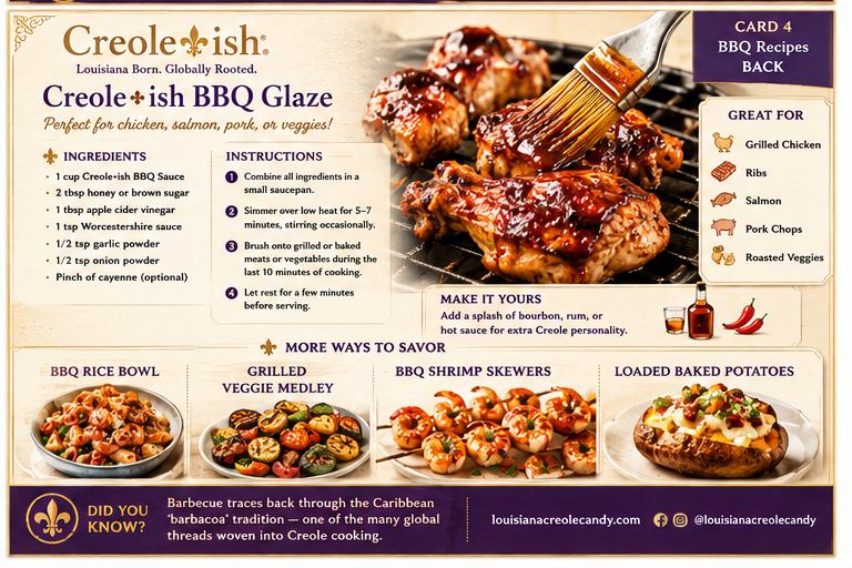 Creole-ish BBQ Sauce bottle next to a BBQ glaze recipe card