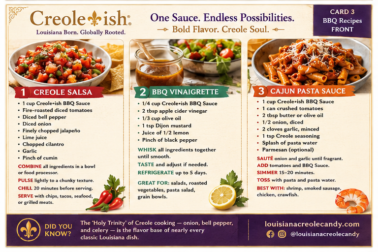 Creole-ish BBQ Sauce bottle next to a Creole chicken wings recipe card