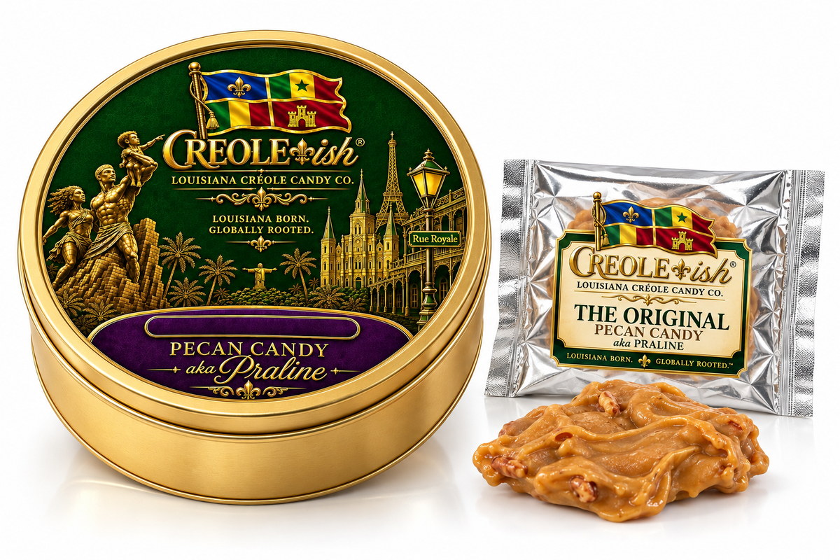 Creole-ish Collector's Tin of pecan candy pralines in a gold tin with Louisiana flag design