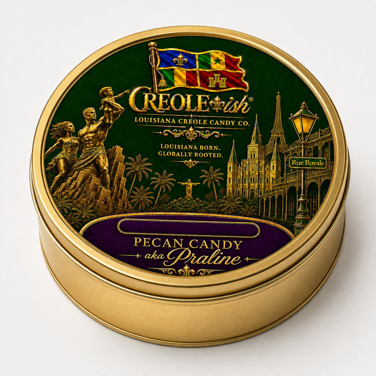 Open Creole-ish Collector's Tin showing eight handcrafted pecan candy pralines