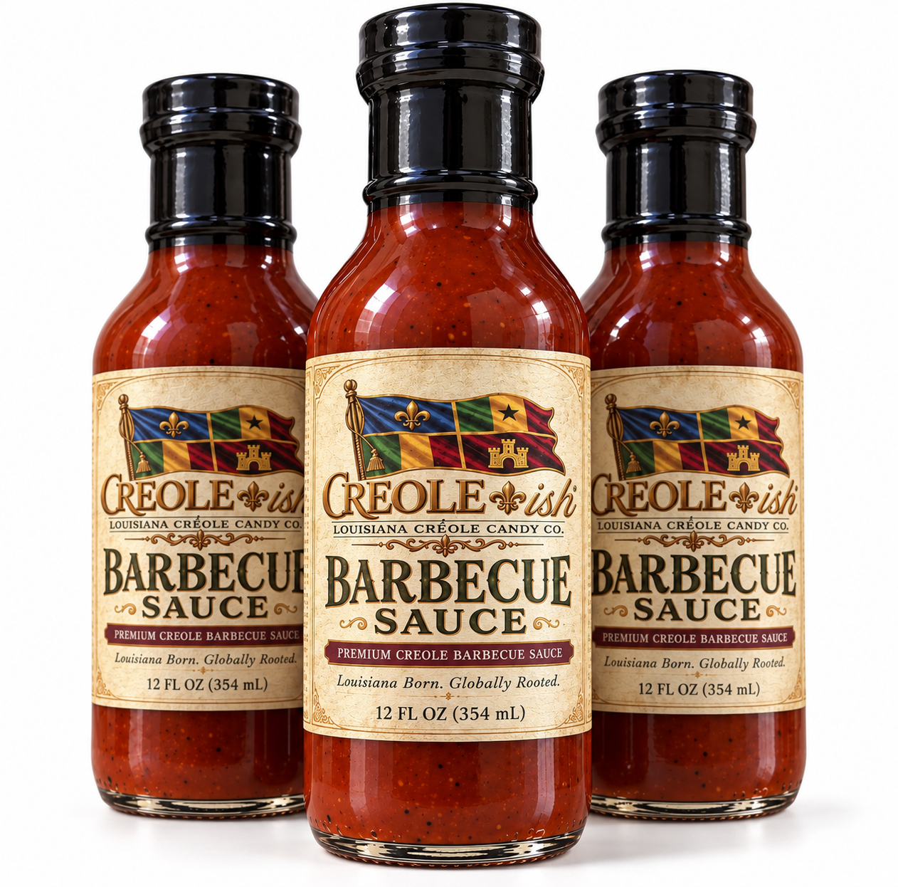 Three bottles of Creole-ish Louisiana BBQ Sauce 12 oz, labeled with the Creole-ish flag