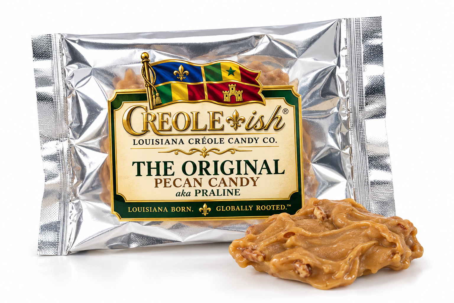 Single Creole-ish pecan candy praline wrapped and unwrapped